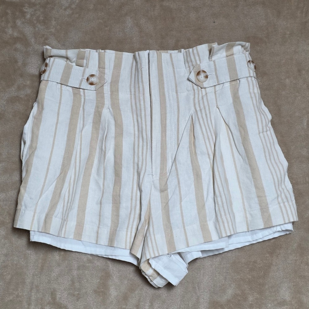 Forever 21 Striped Paperbag Waist Shorts Women Beige White Button Detail Size S